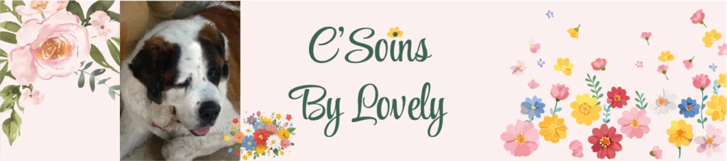 Bandeau des soins pour les animaux avec des dessins de fleurs et la chienne Lovely